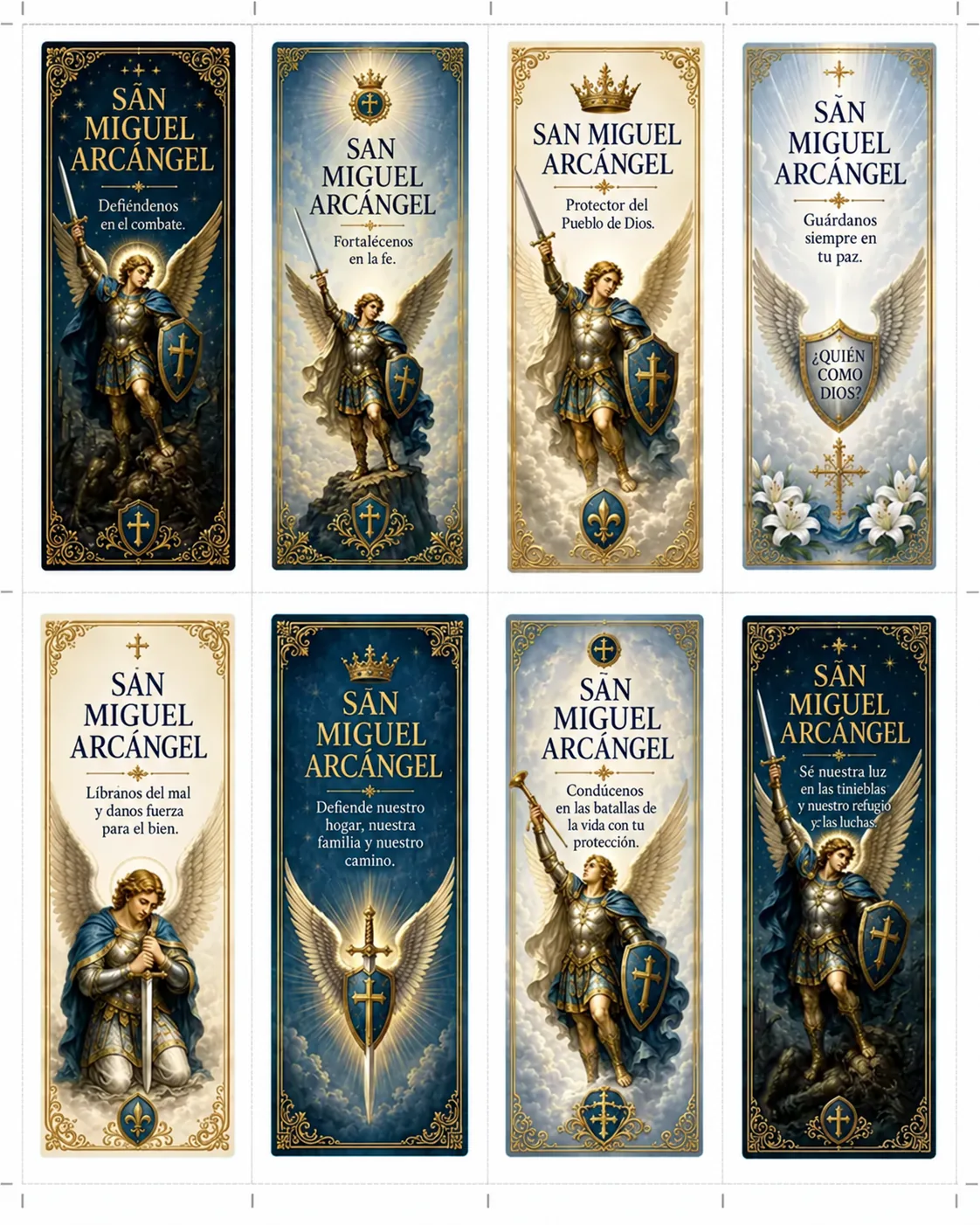 Marcapáginas católicos para imprimir del tema San Miguel Arcángel — protección y batalla espiritual, hoja de 5 x 15 cm en alta resolución
