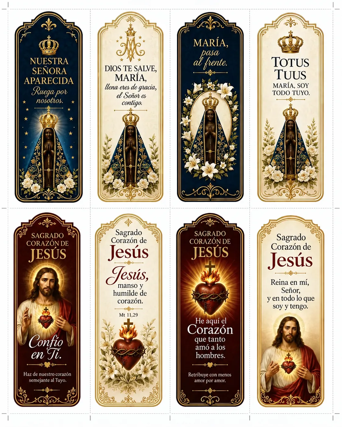 Marcapáginas católicos para imprimir del tema Virgen María y Sagrado Corazón — devoción mariana y adoración, hoja de 5 x 15 cm en alta resolución