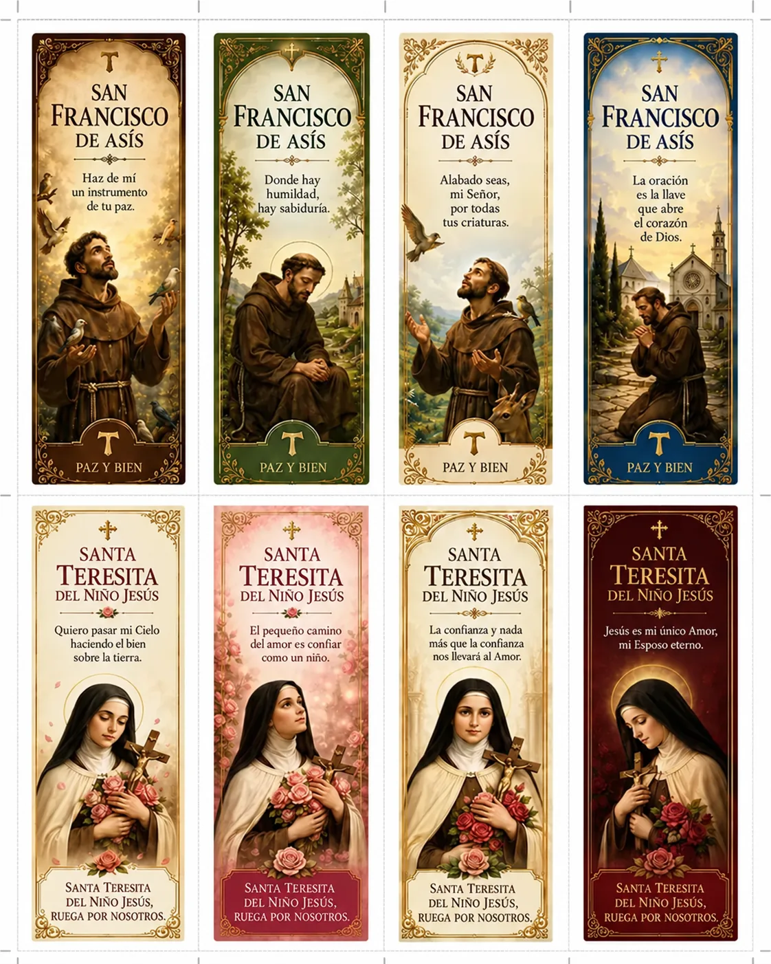 Marcapáginas católicos para imprimir del tema San Francisco de Asís y Santa Teresita — paz, naturaleza y el caminito, hoja de 5 x 15 cm en alta resolución