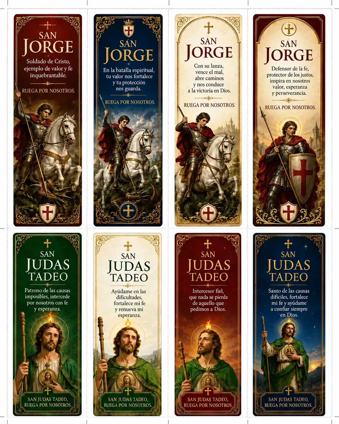 Marcapáginas católicos para imprimir del tema San Jorge y San Judas Tadeo — valor y causas difíciles, hoja de 5 x 15 cm en alta resolución