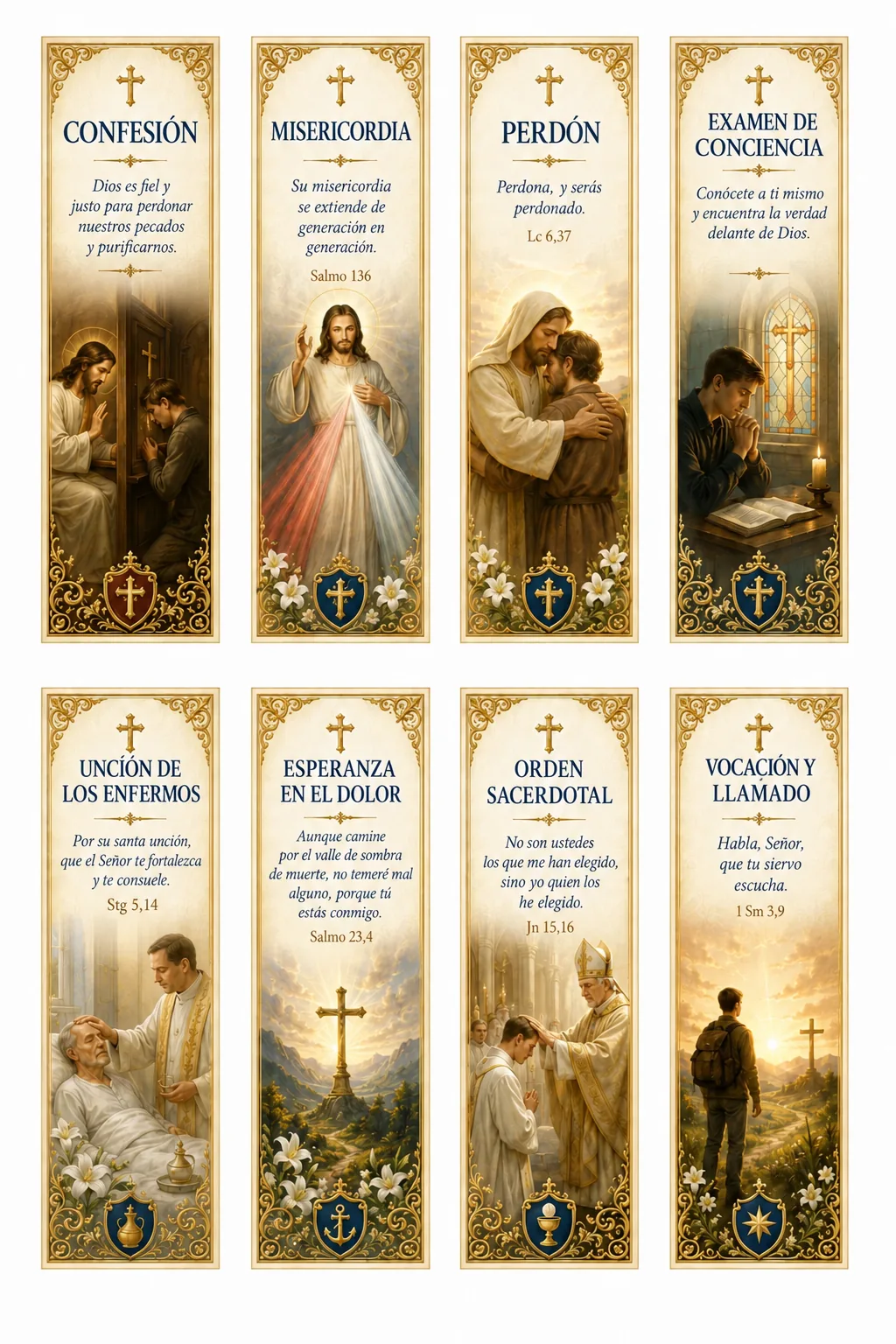 Marcapáginas católicos para imprimir del tema Sacramentos y Vocación — confesión, unción, matrimonio y vocación sacerdotal, hoja de 5 x 15 cm en alta resolución