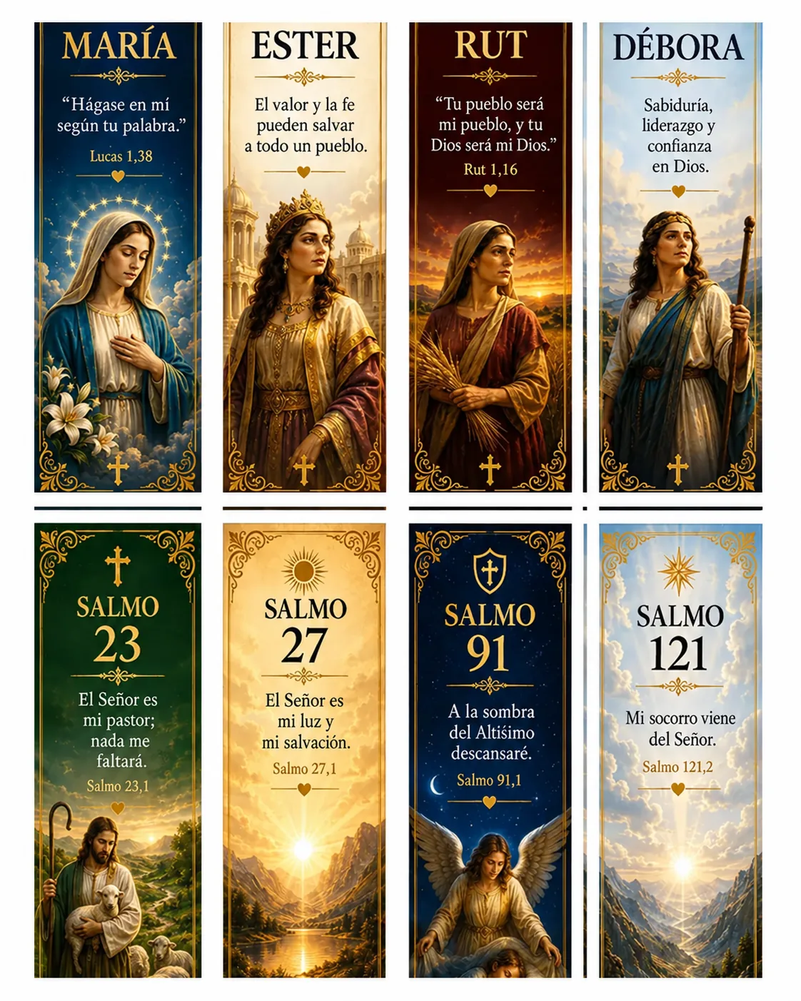 Marcapáginas católicos para imprimir del tema Mujeres de la Biblia y Salmos — grupos de mujeres y versículos de consuelo, hoja de 5 x 15 cm en alta resolución