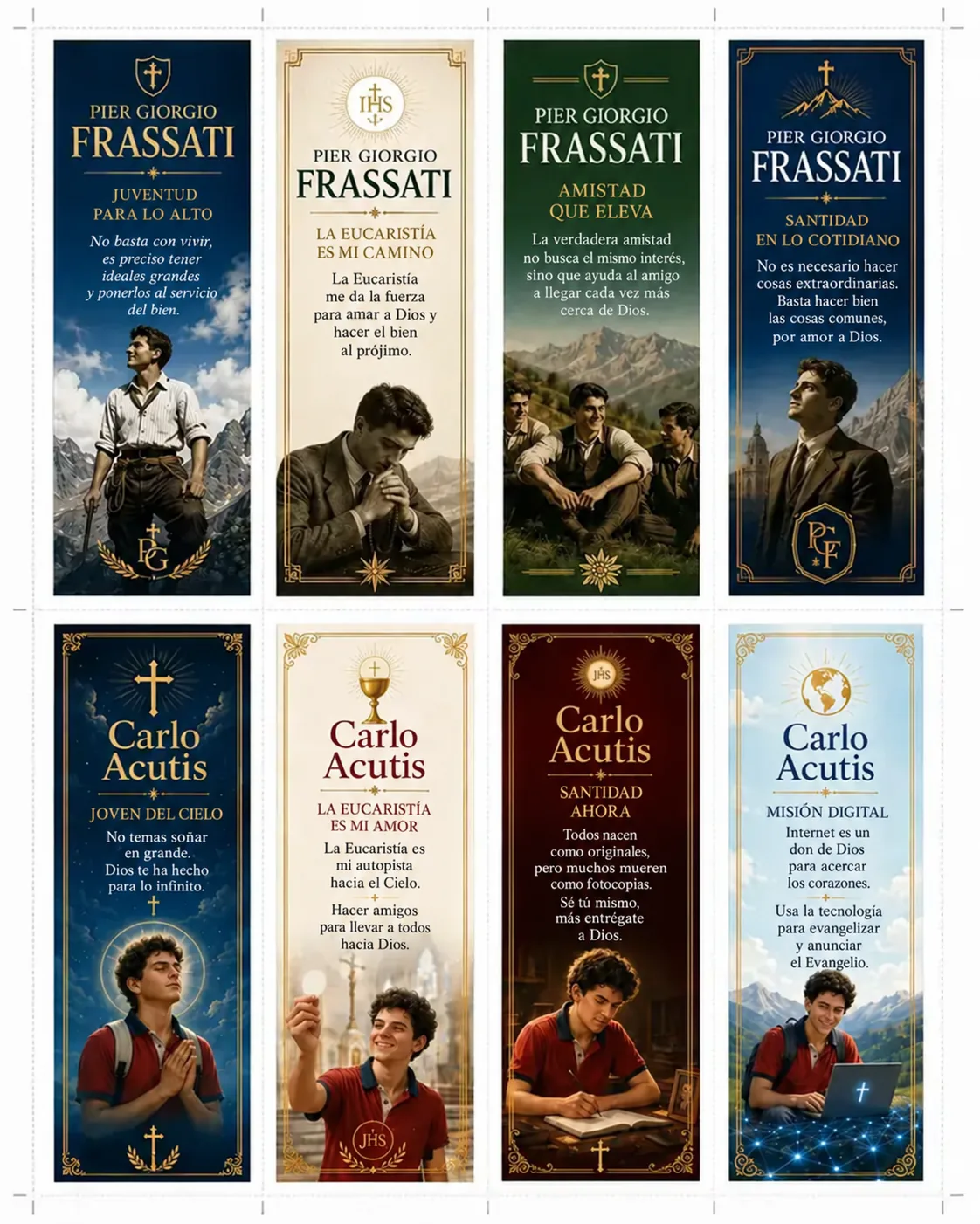 Marcapáginas católicos para imprimir del tema Frassati y Carlo Acutis — jóvenes, confirmación y pastoral juvenil, hoja de 5 x 15 cm en alta resolución