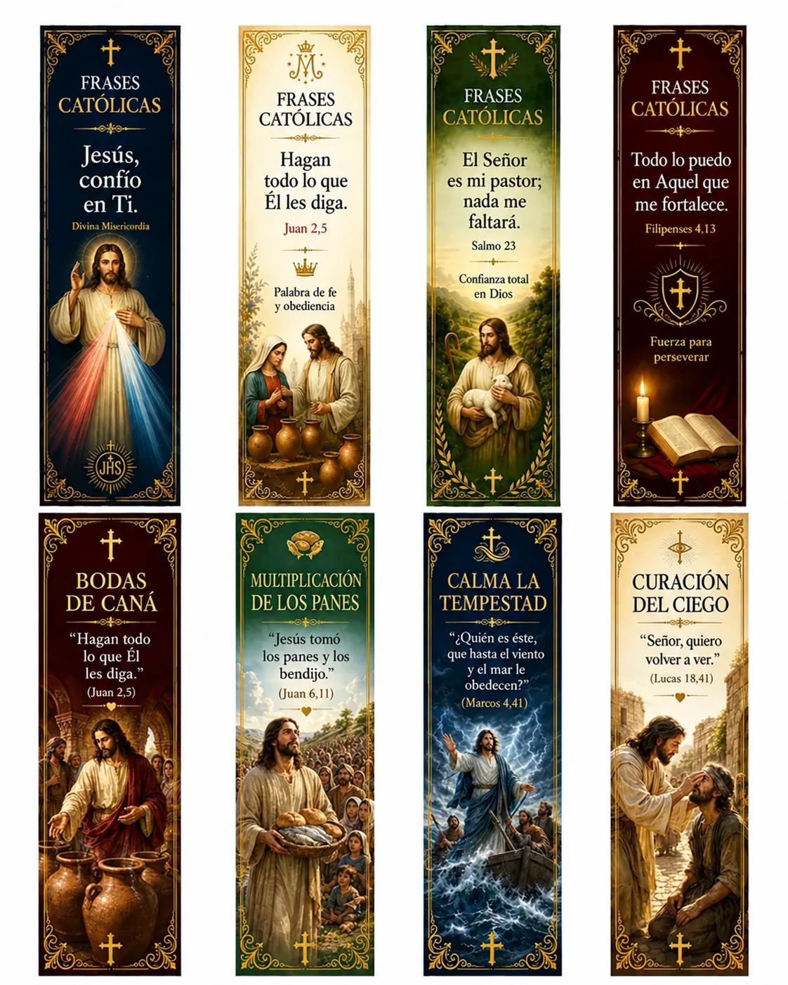 Marcapáginas católicos para imprimir del tema Frases Católicas y Milagros de Jesús — versículos y pasajes bíblicos, hoja de 5 x 15 cm en alta resolución