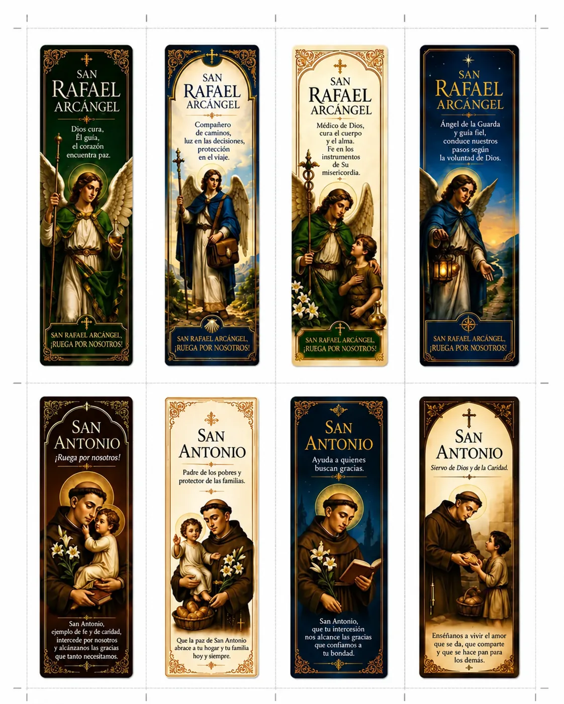 Marcapáginas católicos para imprimir del tema San Rafael Arcángel y San Antonio — sanación, salud y devoción popular, hoja de 5 x 15 cm en alta resolución