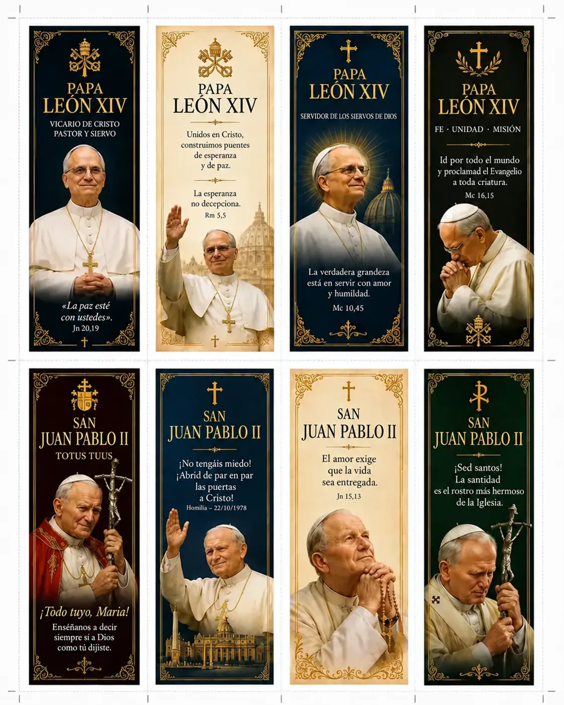 Marcapáginas católicos para imprimir del tema Papa León XIV y San Juan Pablo II — papas y juventud de la Iglesia, hoja de 5 x 15 cm en alta resolución