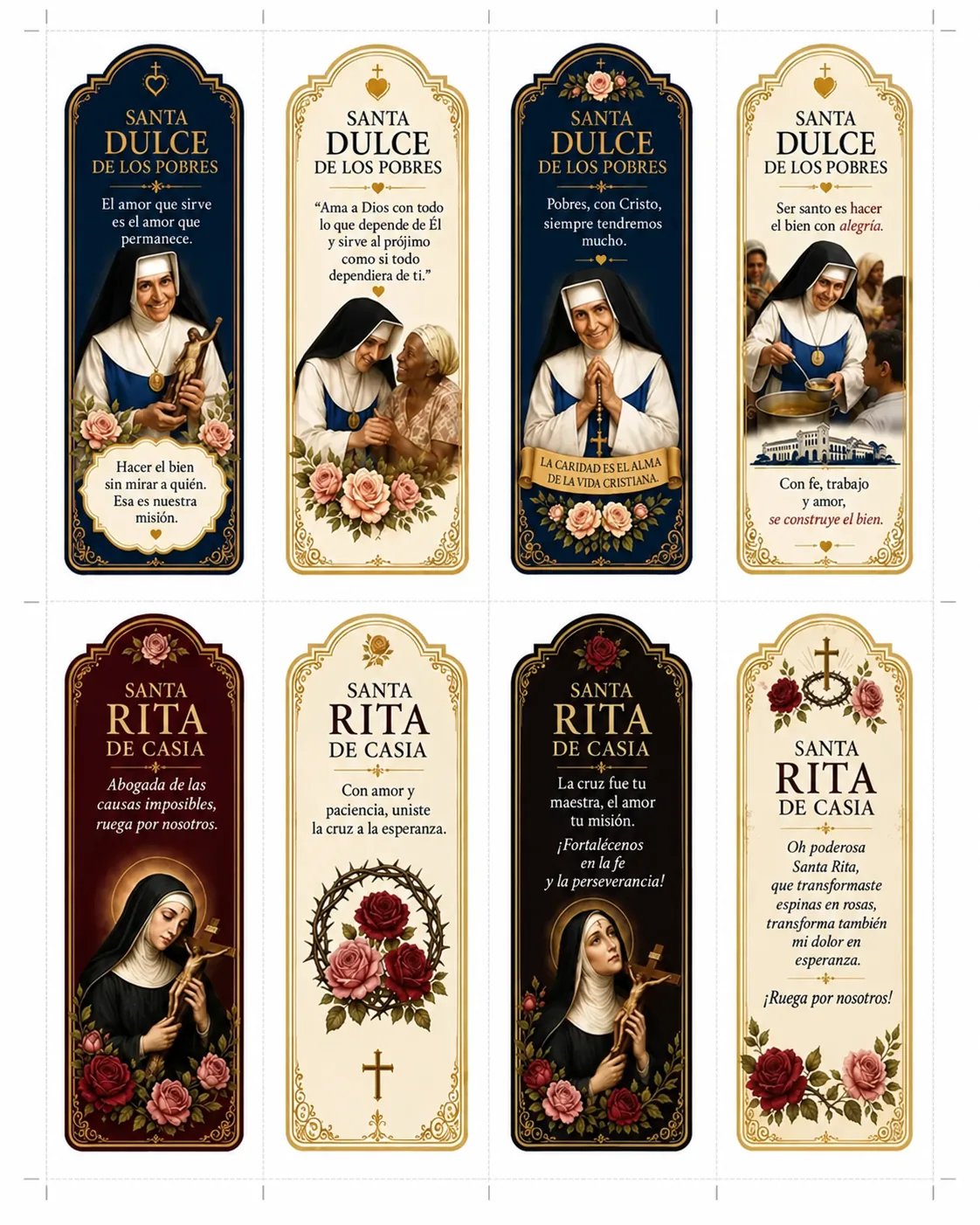 Marcapáginas católicos para imprimir del tema Santa Dulce y Santa Rita — caridad y causas imposibles, hoja de 5 x 15 cm en alta resolución