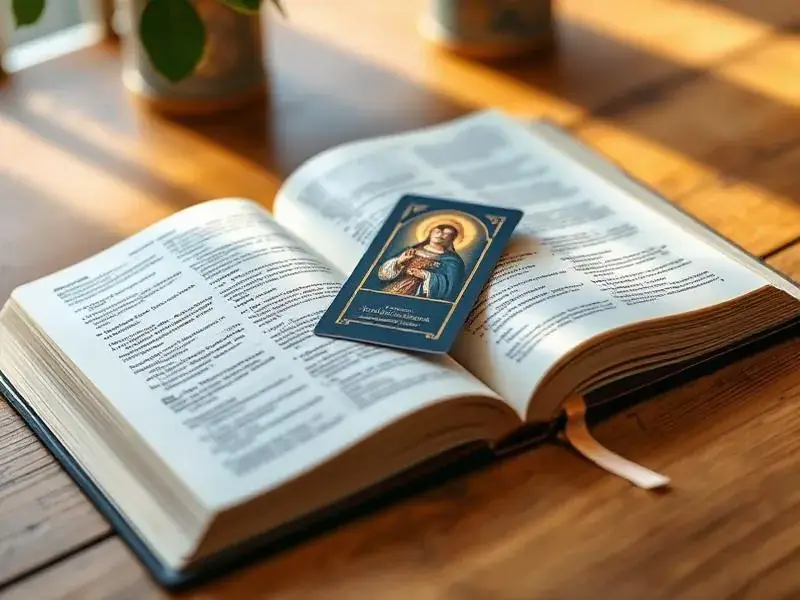 Biblia abierta con un marcapáginas católico entre sus páginas